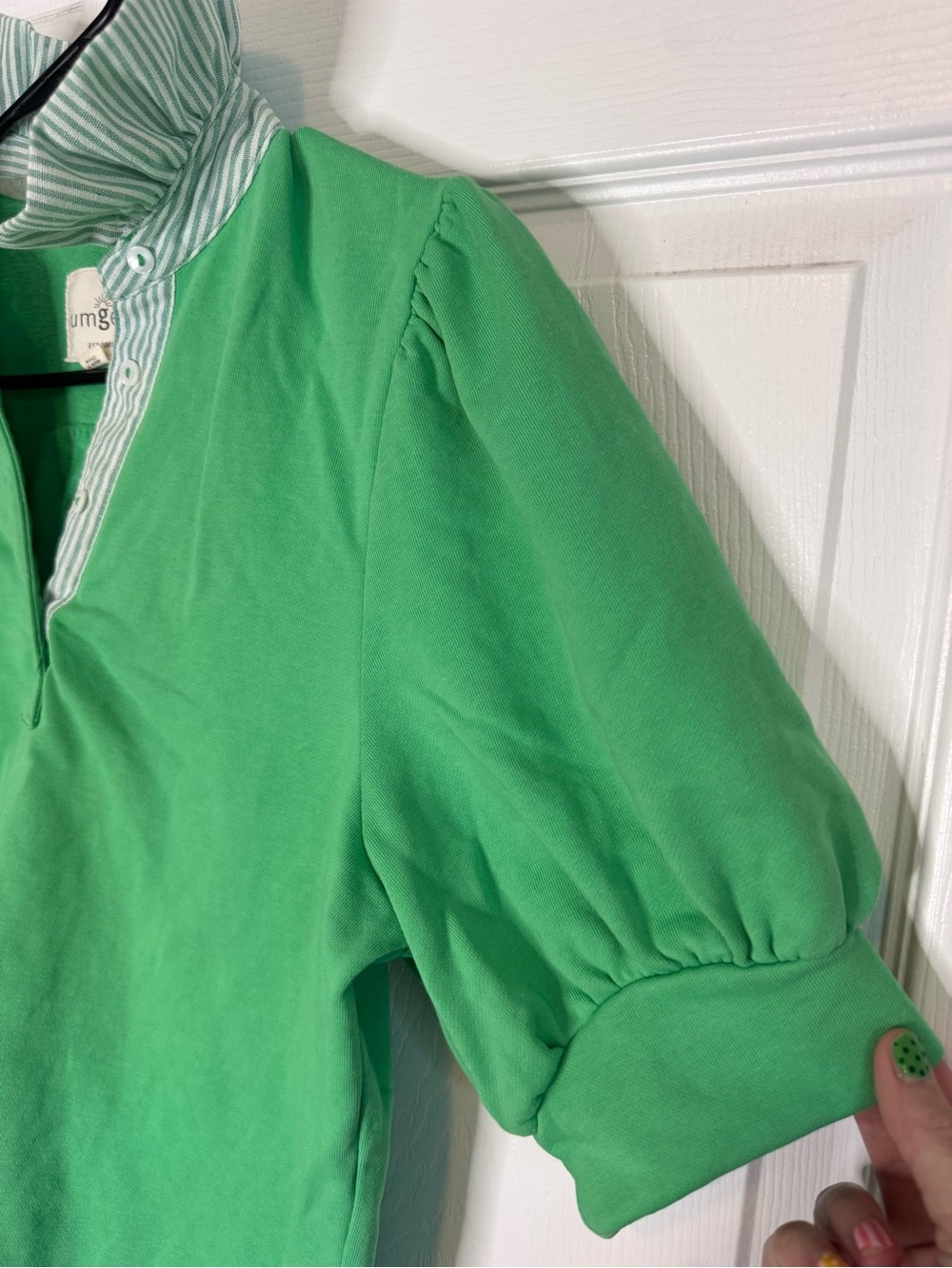 Umgee Bright Green Puff Sleeve Polo with Striped Ruffle Collar - Picture 3 of 6